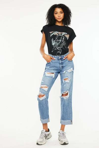 Kancan Mid Rise Distressed Boyfriend Fit Jeans - Exclusively