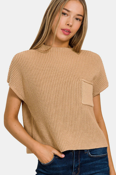 Queen - Mock Neck Short Sleeve Cropped Sweater - Tan - Exclusively