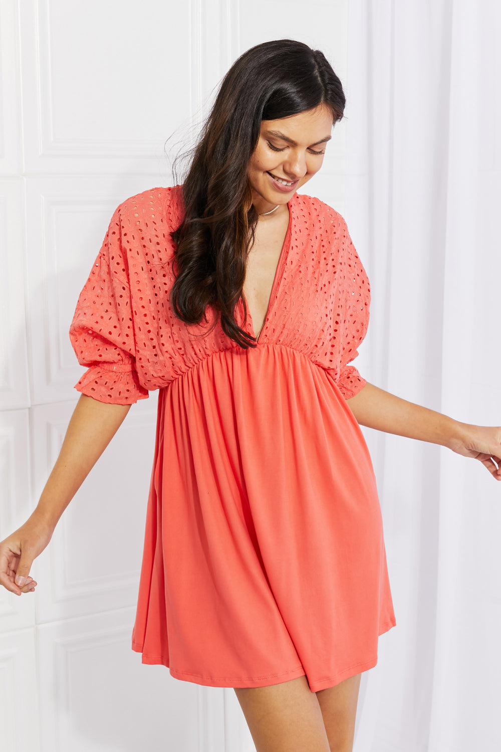 Our Everyday Dreams Eyelet Contrast Dress is straight out of dreamland. The contrasting textures on the bodice and skirt create a casual but cute look that is perfect for wearing all season long, and the open back shows off a bit of skin for a summery touch. S -XL