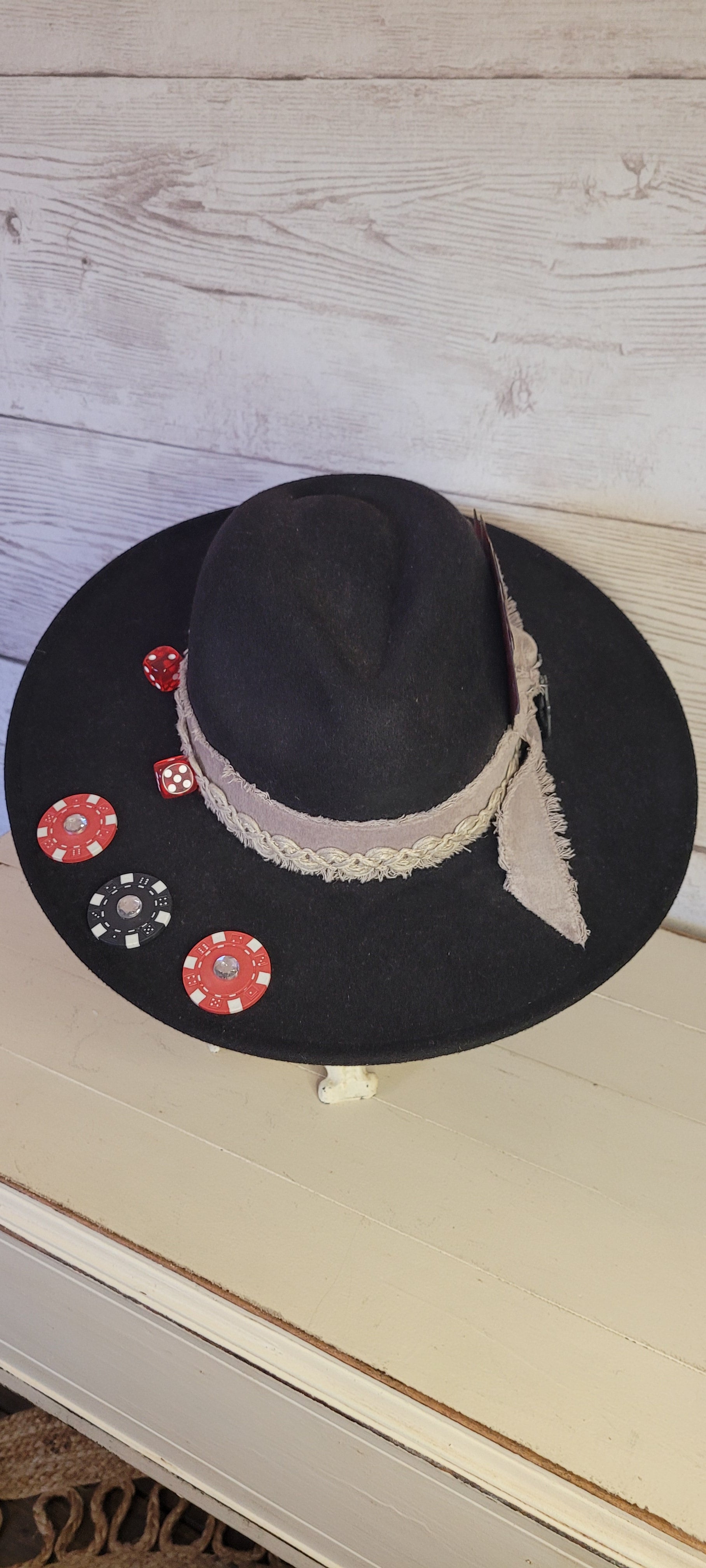 Custom designed by Kayla Black fedora Felt hat Flat brim 35% cotton and 65% polyester Ribbon drawstring for hat size adjustment Head Circumference: 25" H:5.25" L:16" W:14.5"
