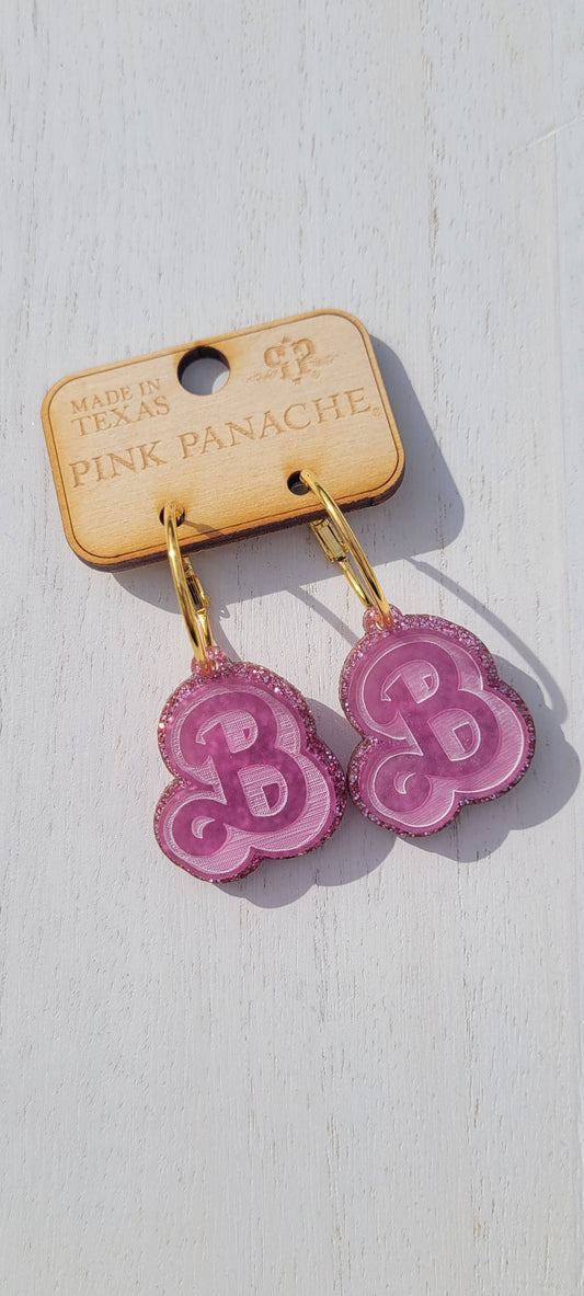 Pink Panache Barbie Earrings Color: Light pink and pink glitter "B" on gold hoop earring Limited supply!