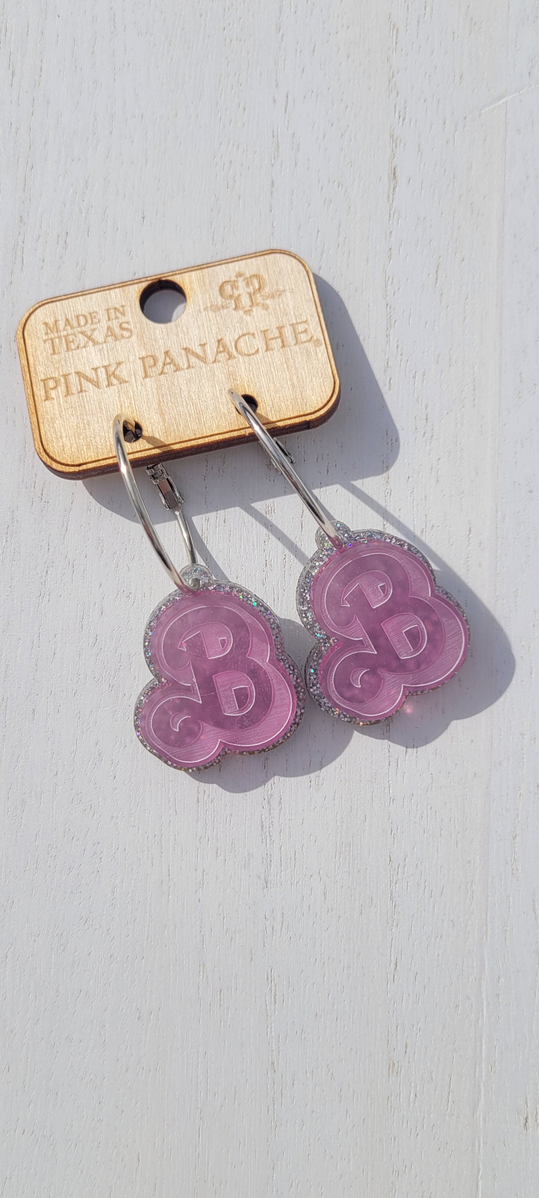 Pink Panache Barbie Earrings Color: Dark pink and silver glitter "B" on silver hoop earring Limited supply!
