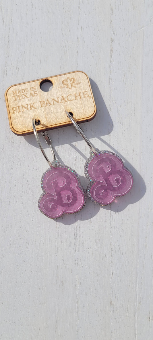 Pink Panache Barbie Earrings Color: Dark pink and silver glitter "B" on silver hoop earring Limited supply!