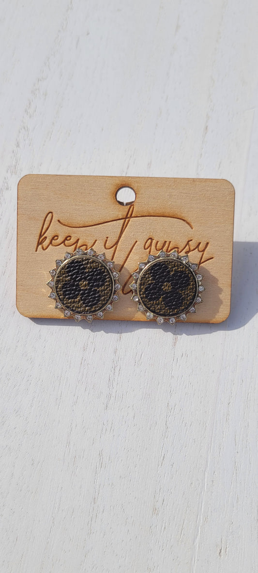 Upcycled Earrings Brown with Clear Crystal  Limited supply!  Due to the nature of leather/suede, small variances of color in the skin may occur, this is in no way considered a defect. These are inherent characteristics of leather/suede and will enhance the individual look of your garment.