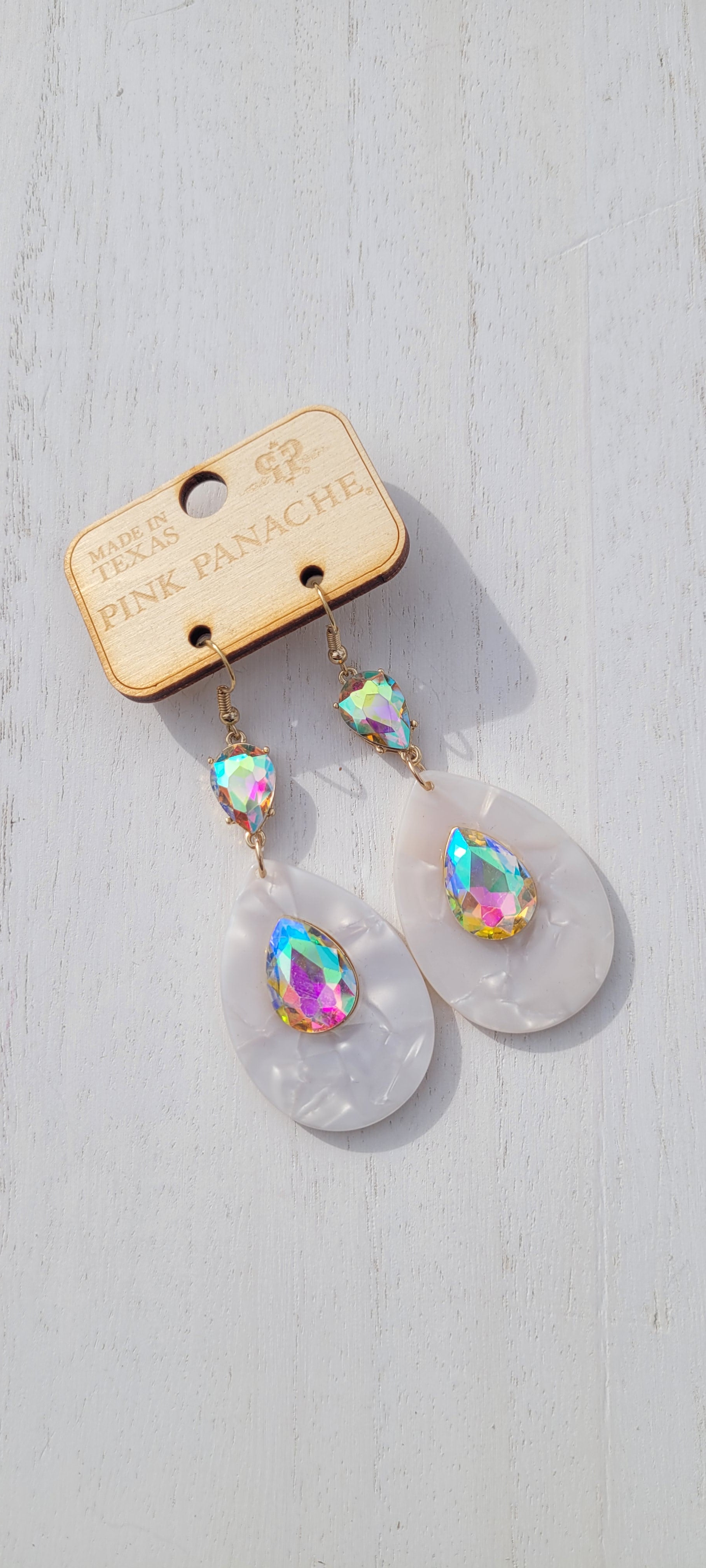 Pink Panache Earrings Color: White marbled shell teardrops with teardrop AB crystals Limited supply!  