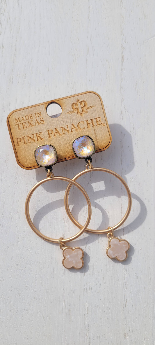 Pink Panache Earrings Color: 10mm bronze/ivory cream delite cushion cut post with gold circle hoop earring and cream clover drop Limited supply!