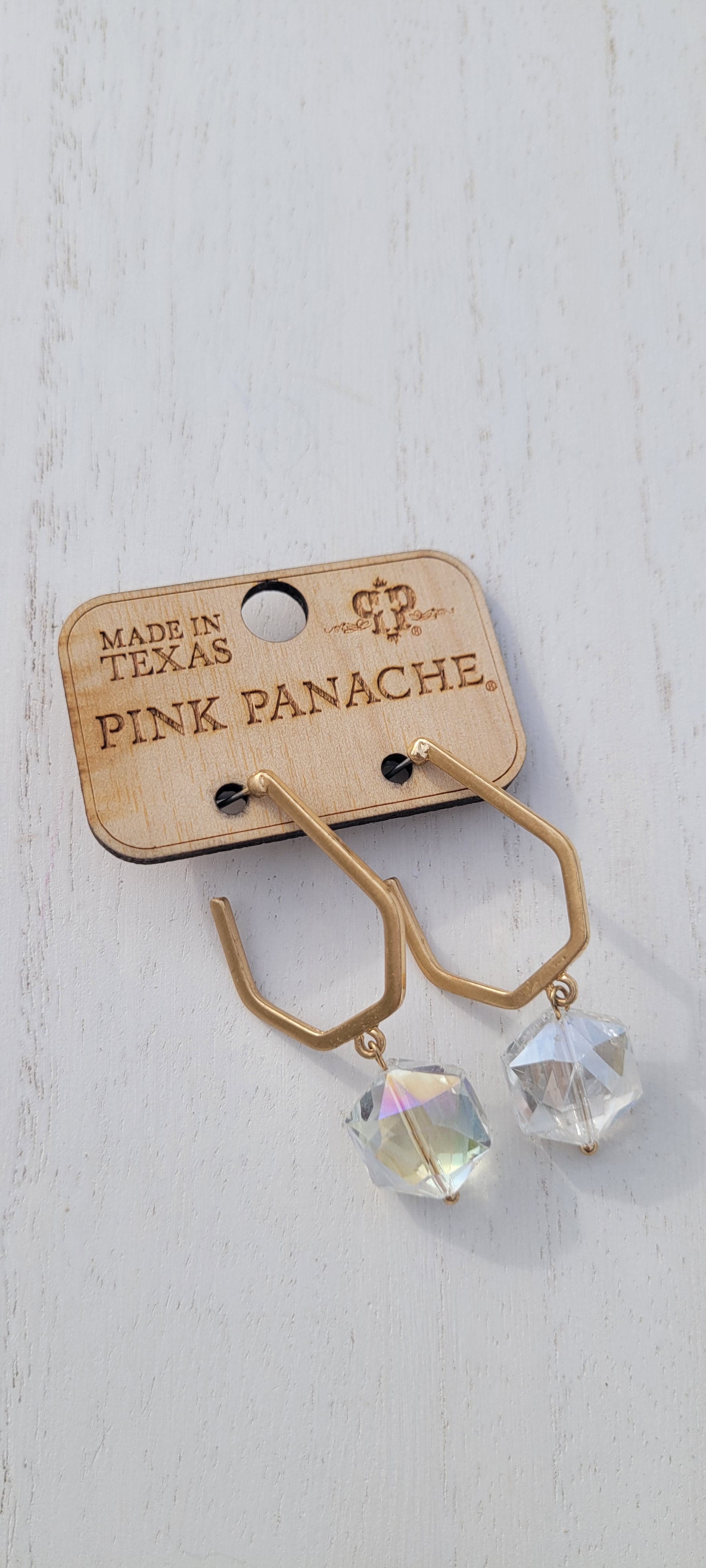 Pink Panache Earrings Color: Clear hexagon shape crystal on gold geometric hoop earring Limited supply!