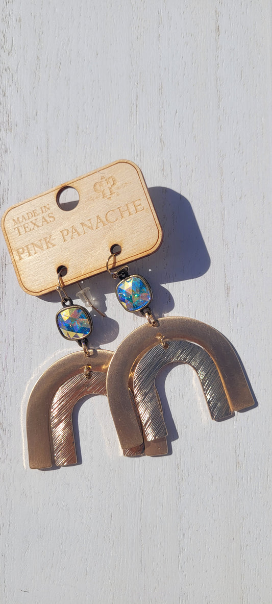 Pink Panache Earrings Color: 10mm bronze/AB cushion cut connector on gold double arch earring Limited supply!   