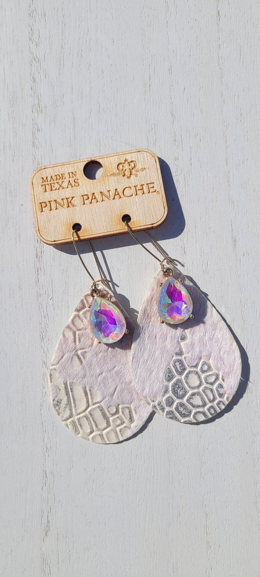 Pink Panache Earrings Color: Leather shades of pink teardrop with large white AB pear shape teardrop on gold fishhook earring Limited supply!  