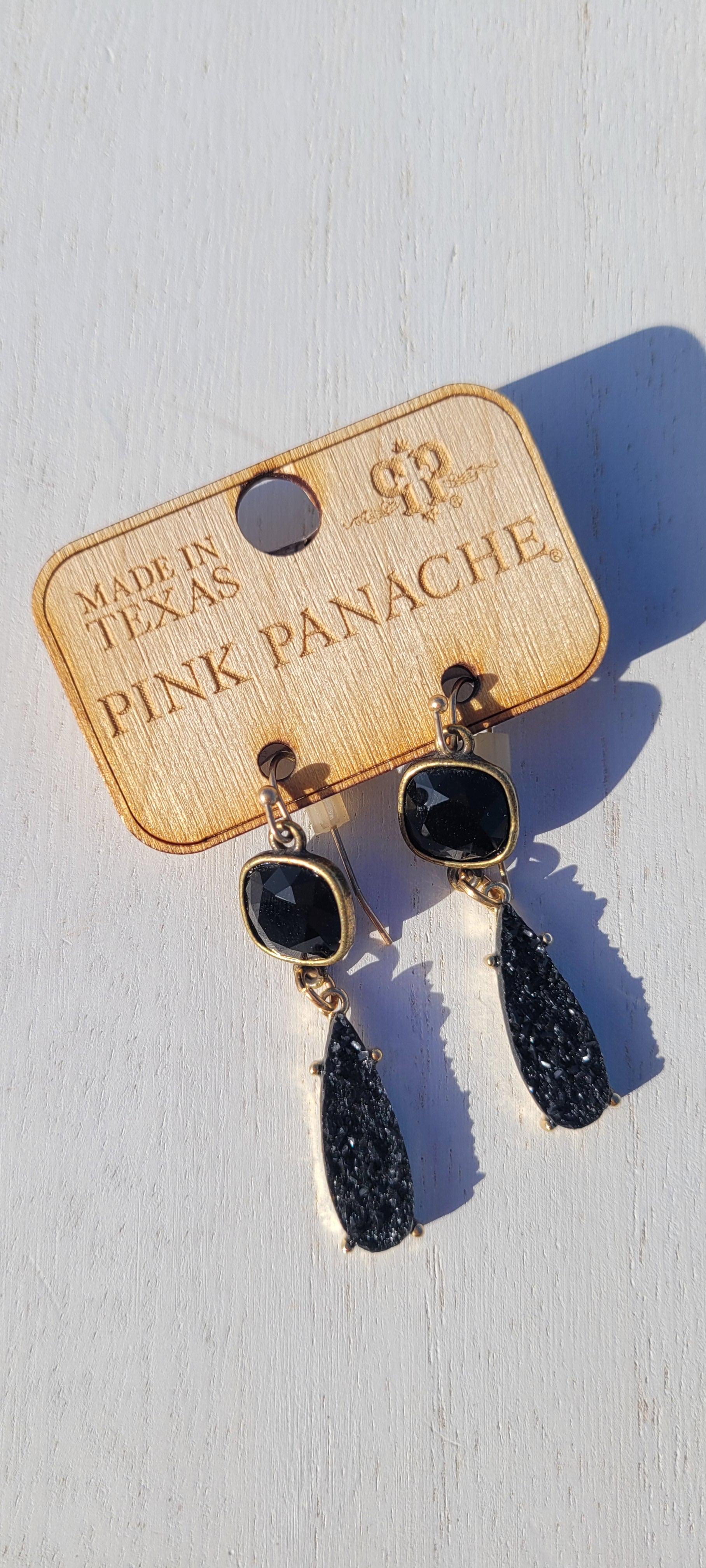 Pink Panache Earrings Color: 10mm bronze/black cushion cut connector with black druzy teardrop earring Limited supply!  