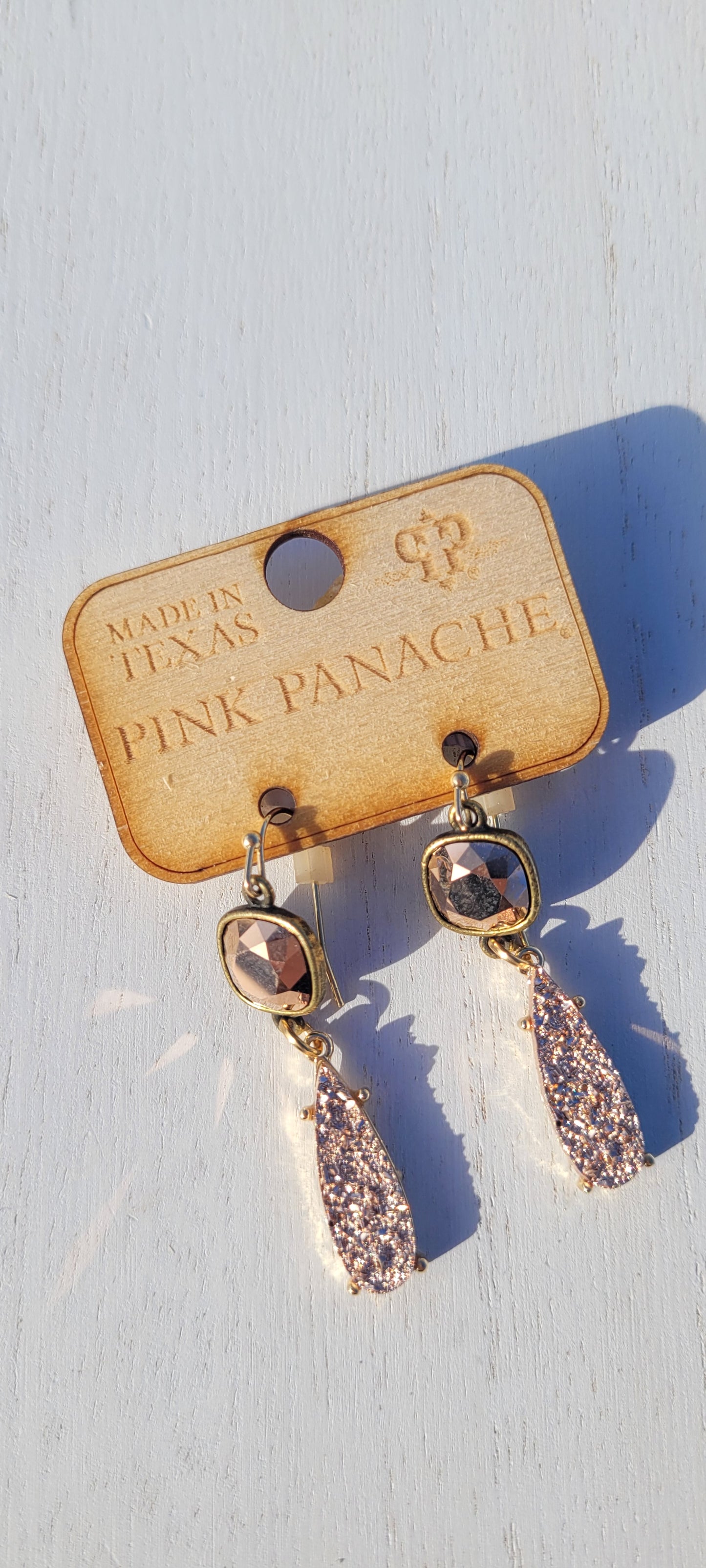 Pink Panache Earrings Color: 10mm bronze/rose gold cushion cut connector with rose gold druzy teardrop on french wire earrings Limited supply!
