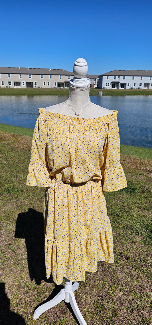 “A Ray Of Sunshine” is a dandelion color mini dress with a floral pattern (white, black, brown, green). This tiered dress features an elastic ruffle rounded neckline, ruffled sleeves, and elastic waistband. It does have a lining and two functional pockets! Imagine yourself in a field of wildflowers making wishes on dandelions. Sizes small through large.