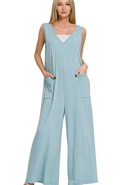 French Terry Deep V Neck Jumpsuit - Teal - Exclusively