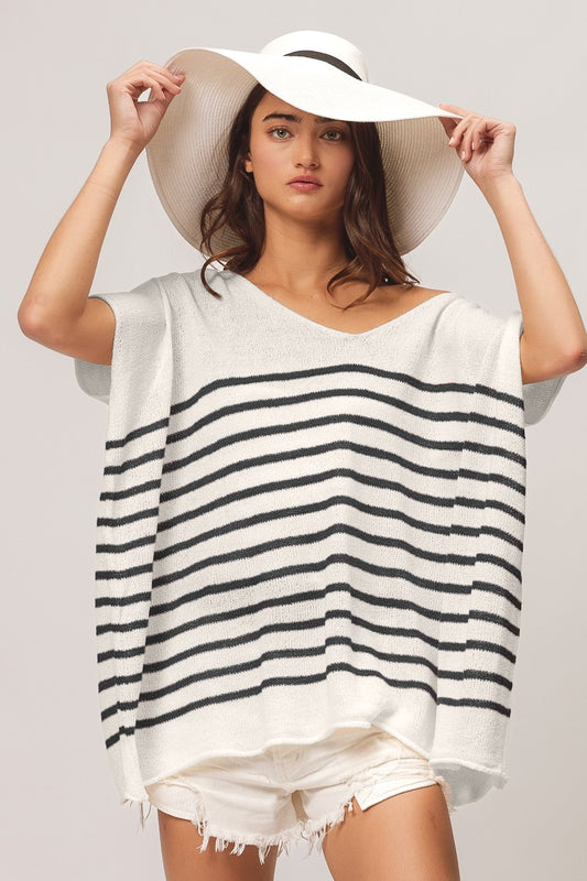 Effortlessly stylish, this V-neck top features a classic striped pattern that adds a touch of timeless charm to your outfit. The short sleeves and V-neckline create a flattering silhouette that is perfect for everyday wear or dressing up for a casual outing. The lightweight fabric offers comfort and breathability, making it a versatile piece for any season.  S-XL
