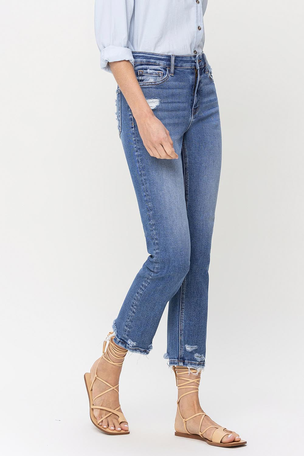The High Rise Raw Hem Straight Jeans are a stylish and versatile choice. With their high-rise fit, they provide a flattering silhouette. The raw hem adds a trendy and edgy touch to any outfit. Made from high-quality denim, they are durable and comfortable to wear. These jeans are perfect for both casual and dressier occasions.  24 - 32