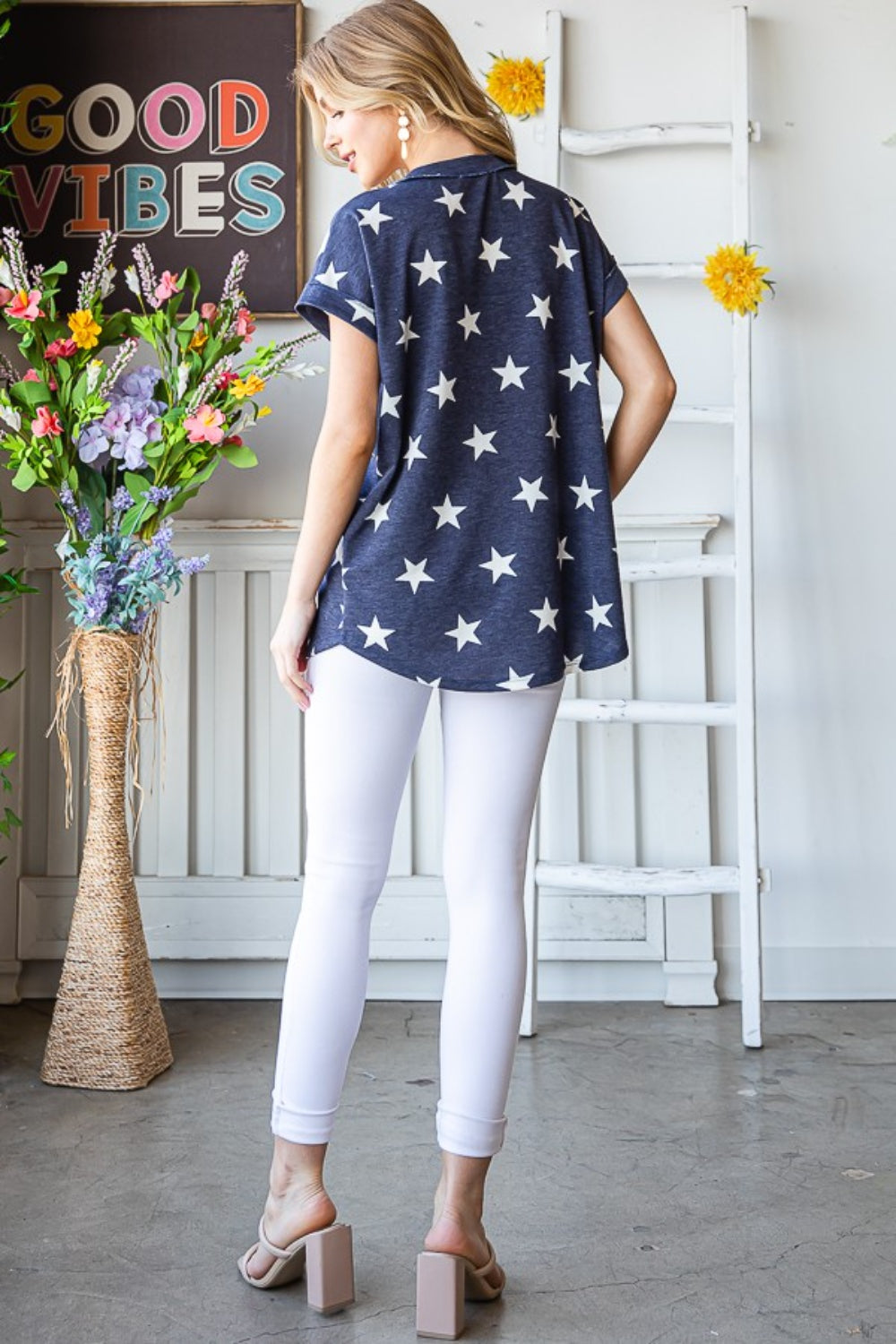 Star Print V-Neck Short Sleeve T-Shirt features a stylish and versatile design with a flattering V-neck cut. The star print adds a fun and unique touch to the classic short sleeve tee. This shirt is perfect for casual outings and can be easily dressed up or down for any occasion.