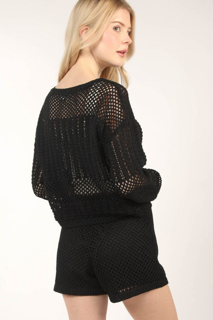 Quincy - Openwork Cropped Cover Up and Shorts Set - Black - Exclusively Online
