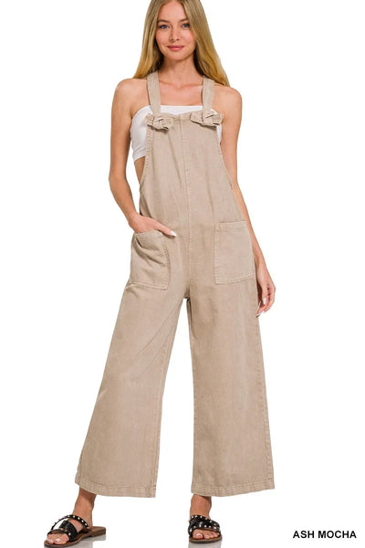 Washed Knot Strap Pockets Jumpsuit - Ash Mocha - Exclusively