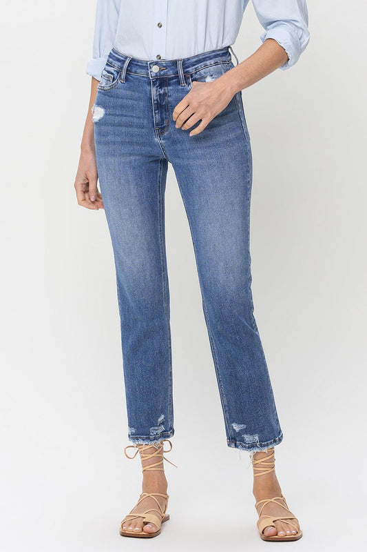 The High Rise Raw Hem Straight Jeans are a stylish and versatile choice. With their high-rise fit, they provide a flattering silhouette. The raw hem adds a trendy and edgy touch to any outfit. Made from high-quality denim, they are durable and comfortable to wear. These jeans are perfect for both casual and dressier occasions.  24-32