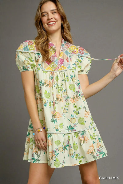 Floral Print Tie Neck Puff Sleeve Dress - Umgee