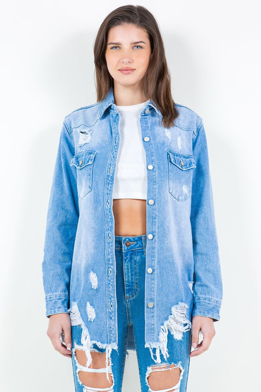 Introducing the Frayed Hem Distressed Denim Shirt Jacket. This stylish piece combines the timeless appeal of denim with a contemporary twist. The frayed hem adds a touch of edginess, while the distressed details create a worn-in look.  S - 3X