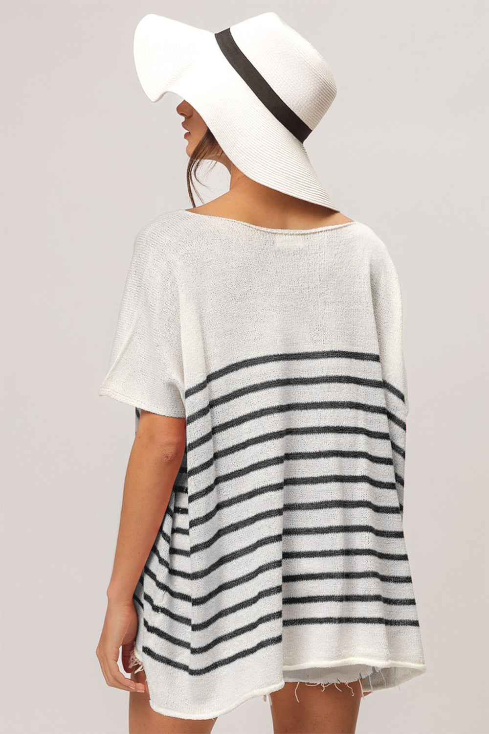 Effortlessly stylish, this V-neck top features a classic striped pattern that adds a touch of timeless charm to your outfit. The short sleeves and V-neckline create a flattering silhouette that is perfect for everyday wear or dressing up for a casual outing. The lightweight fabric offers comfort and breathability, making it a versatile piece for any season.  S-Xl