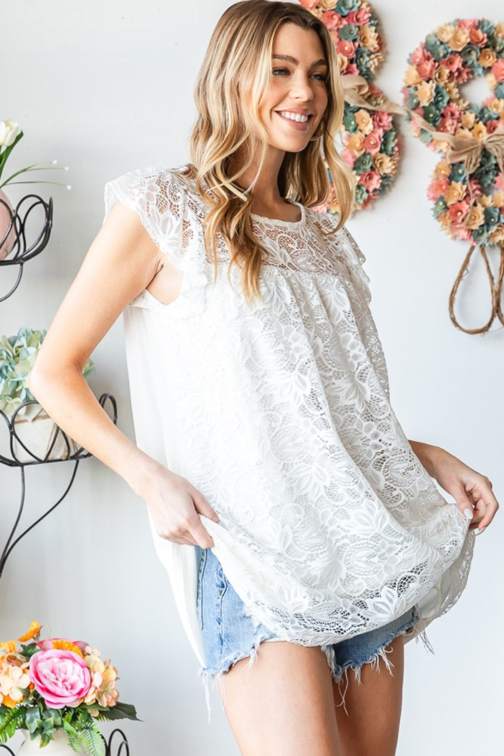 This round neck cap sleeve lace top is elegant and feminine, perfect for any occasion. The delicate lace detailing adds a touch of sophistication, while the cap sleeves provide a flattering and comfortable fit.  S - 3X