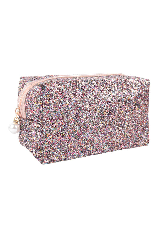 This is a glitter makeup bag with pearl zipper Zipper top These cute make-up bags will not last long!
