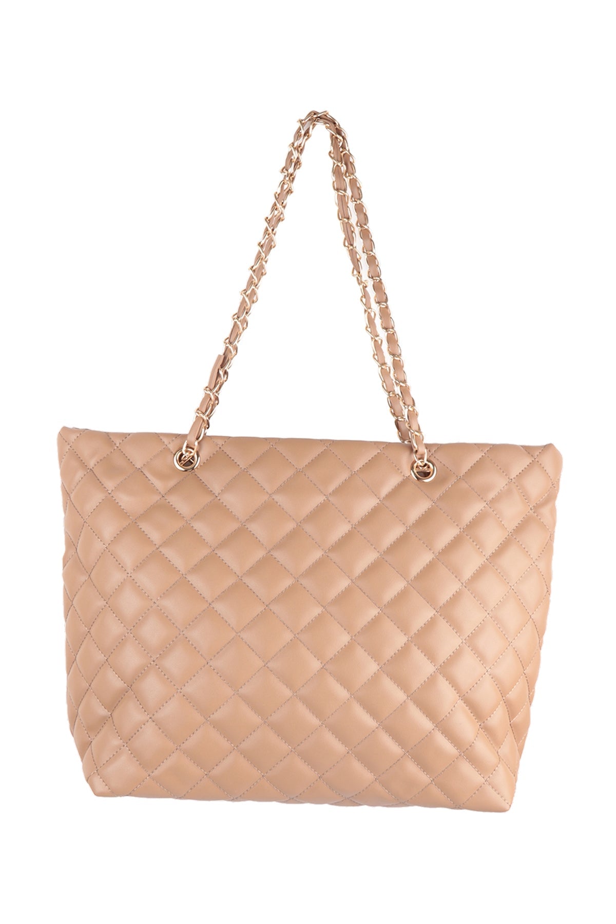 Quilted diamond pattern, leather handbag with chain and leather handle. H: 10" W: 12" DL: 6" D: 10"