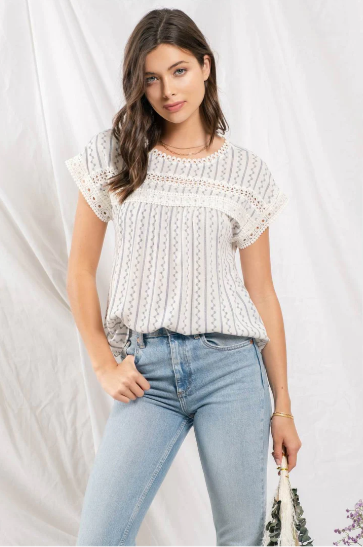 Feel flirty and fun in our Zig Zag Top! This cute top has an eye catching lace trim round neckline, extended shoulders, and dolman sleeves with lace trim. Plus, the front lace inset detail and back non-functional buttons will keep heads turning! Who says fashion can't be playful? Sashay into the room in this statement piece!