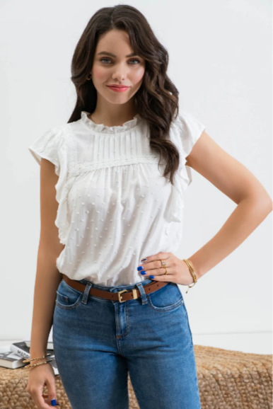 Look sharp and stay cool in our "Sweet Tea" white top! This textured number features a stylish mock neck and behind-the-neck button with keyhole for stand-out style. Plus, you'll be making a statement with the pleated front detail, line lace detail and short drape sleeves. Perfect for any occasion!