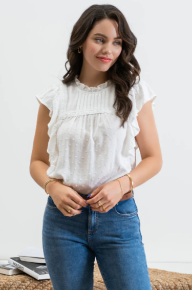 Look sharp and stay cool in our "Sweet Tea" white top! This textured number features a stylish mock neck and behind-the-neck button with keyhole for stand-out style. Plus, you'll be making a statement with the pleated front detail, line lace detail and short drape sleeves. Perfect for any occasion!