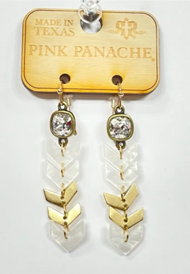Pink Panache: Gabriella  Pink Panache Earrings Color: 10mm bronze/clear cushion cut post with white pearl and gold chevron shape earring Limited supply!  Keywords: Earrings, Jewelry   