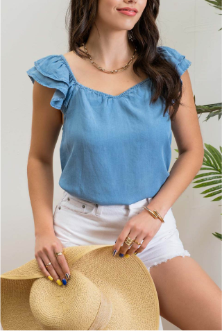 Look sharp and stylish this summer in our "Ashley Chambray Denim" top! Its flattering sweetheart neckline and sassy ruffle sleeves give you a unique, standout look. Plus, the square back neckline with elastic adds comfort! So why wait? Get out there and show off your denim 'look' with attitude.