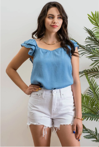 Look sharp and stylish this summer in our "Ashley Chambray Denim" top! Its flattering sweetheart neckline and sassy ruffle sleeves give you a unique, standout look. Plus, the square back neckline with elastic adds comfort! So why wait? Get out there and show off your denim 'look' with attitude.