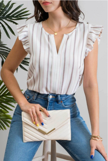 Look as sweet as a summer's day in this "Heather Striped Taupe" top! With cute flutter sleeves, a split round neckline, and a playful front-fold detail, you'll be ready for any outdoor adventure! And just to top it off, the taupe stripes add an extra bit of pizzazz. Who said stripes have to be boring?!