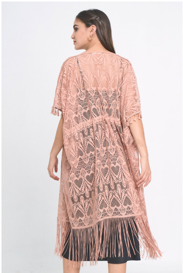 Look no further for an eye-catching statement piece! Our "Sally Dusty Rose Lace Kimono" has it all: ultra-elegant fringe, trendy lace tassels, plus an exquisite heart design that'll make you float on air. So, go ahead and rock this stunner with your favorite 'fit! One size fits most.