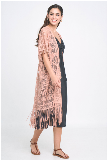 Look no further for an eye-catching statement piece! Our "Sally Dusty Rose Lace Kimono" has it all: ultra-elegant fringe, trendy lace tassels, plus an exquisite heart design that'll make you float on air. So, go ahead and rock this stunner with your favorite 'fit! One size fits most.