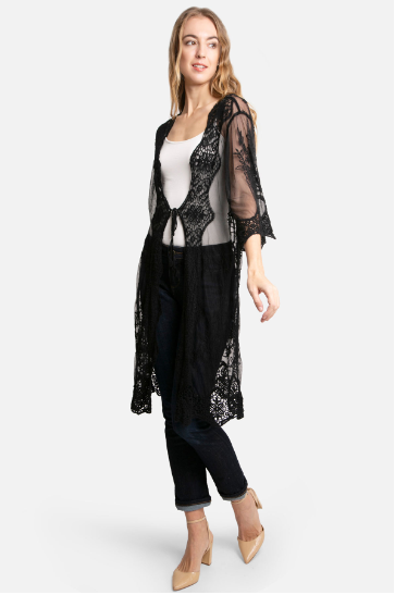 Make a statement in the "Denise Black Lace Kimono"! This beautiful piece features intricate lace with an eye-catching peacock design, flowy sleeves, and a tie front. Look fabulous while also feeling comfortable - perfect for any occasion! One sizes fits most.