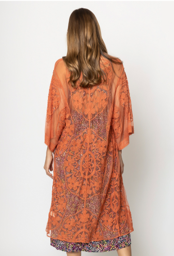 Look downright gorgeous in this "Floral Terracotta Lace Kimono"! A delightful floral pattern, tie front, and flowy sleeves combine to create a style that's both flirty and fashionable. Get ready to make a statement - no matter what the occasion! One sizes fits most.