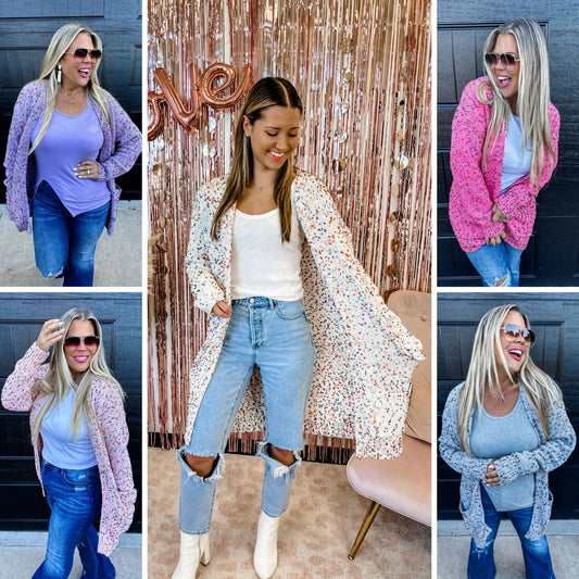 Spring colors are here! This cardigan is everything!! Chunky sweater knit fabric that is cozy and soft! Features size pockets and multi-color "confetti" dots throughout.

100% Acrylic
OS: 2-12/14

OS Curvy: 14-22