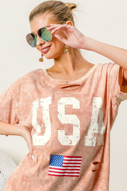 Washed American Flag Graphic Distressed T-Shirt - BiBi - Exclusively Online