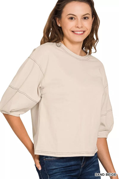 Balloon Sleeve Top with Contrast Stitching - Beige - Exclusively