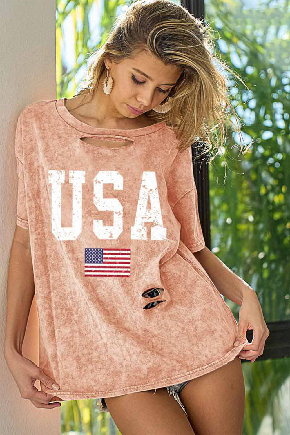 Washed American Flag Graphic Distressed T-Shirt - BiBi - Exclusively Online