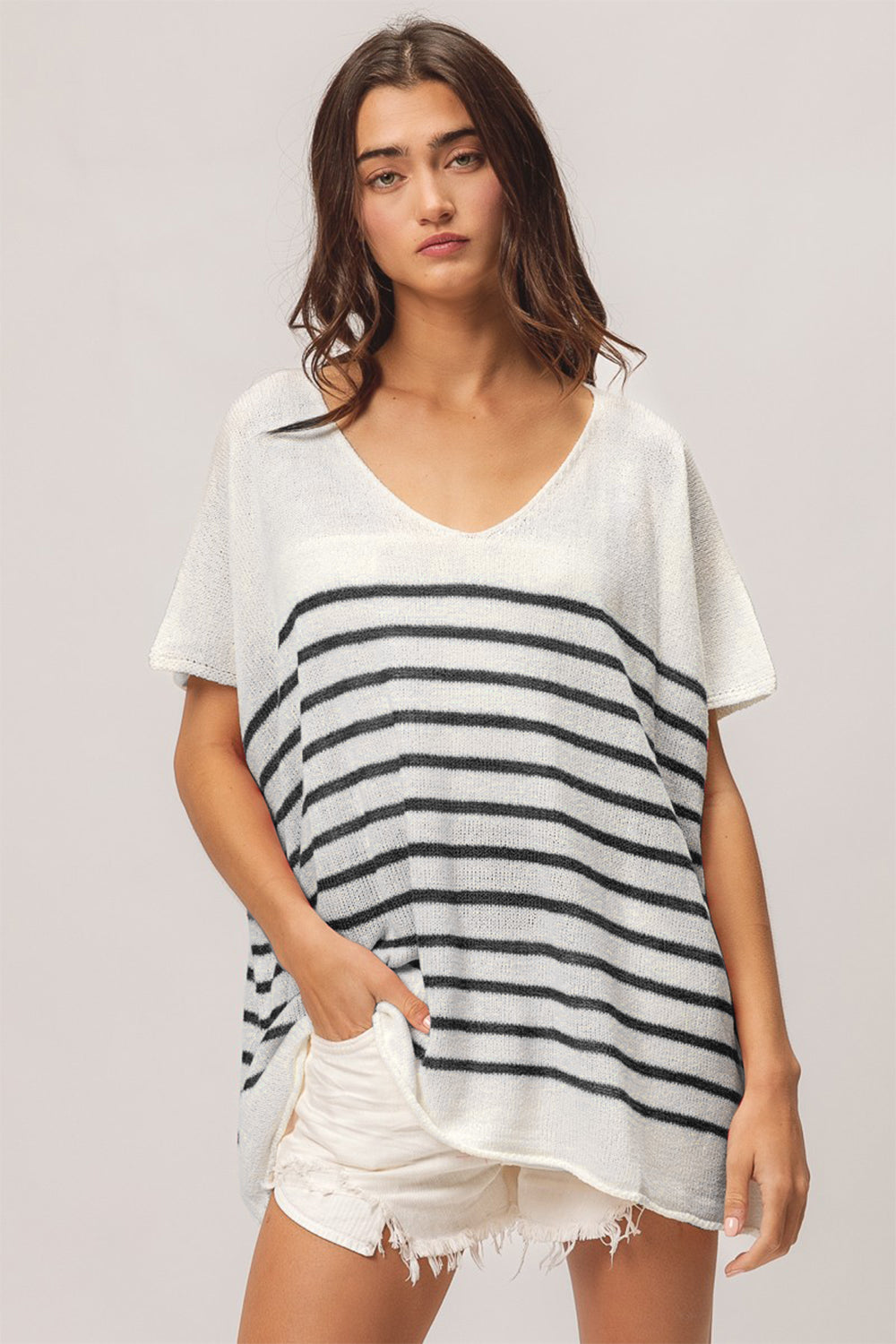 Effortlessly stylish, this V-neck top features a classic striped pattern that adds a touch of timeless charm to your outfit. The short sleeves and V-neckline create a flattering silhouette that is perfect for everyday wear or dressing up for a casual outing. The lightweight fabric offers comfort and breathability, making it a versatile piece for any season.  S-XL