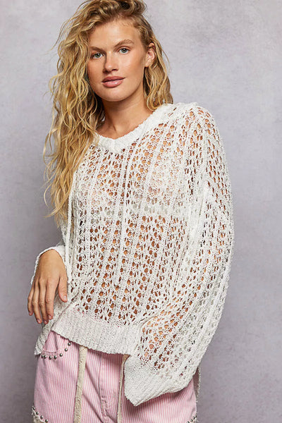 Openwork Round Neck High Low Knit Top - Off White - Exclusively