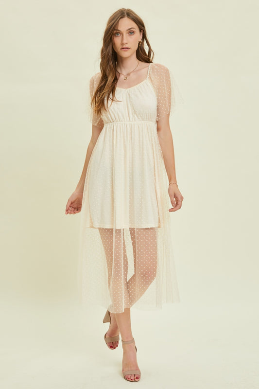 This Heart Mesh Flare Sleeve Midi Dress is a stunning choice for any occasion. The delicate heart mesh design adds a touch of romance, while the flare sleeves give it a unique and stylish flair.  S-L