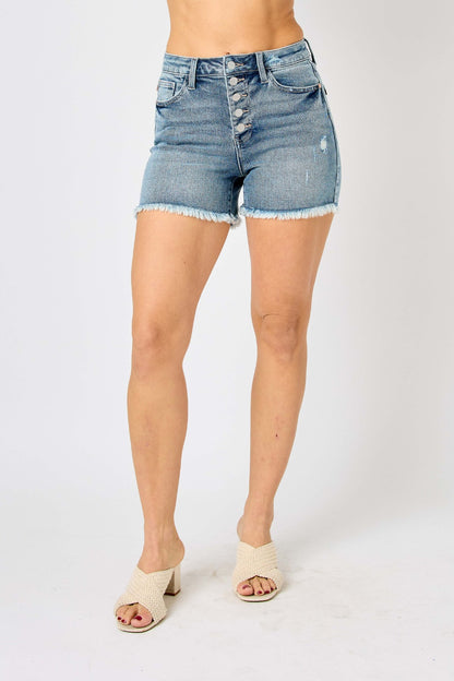 Button Fly Raw Hem Denim Shorts are a trendy and stylish choice for any casual outfit. With their button fly closure and raw hem detailing, these shorts offer a unique and edgy look. Made from high-quality denim, they are both durable and comfortable to wear.  S  - 3X