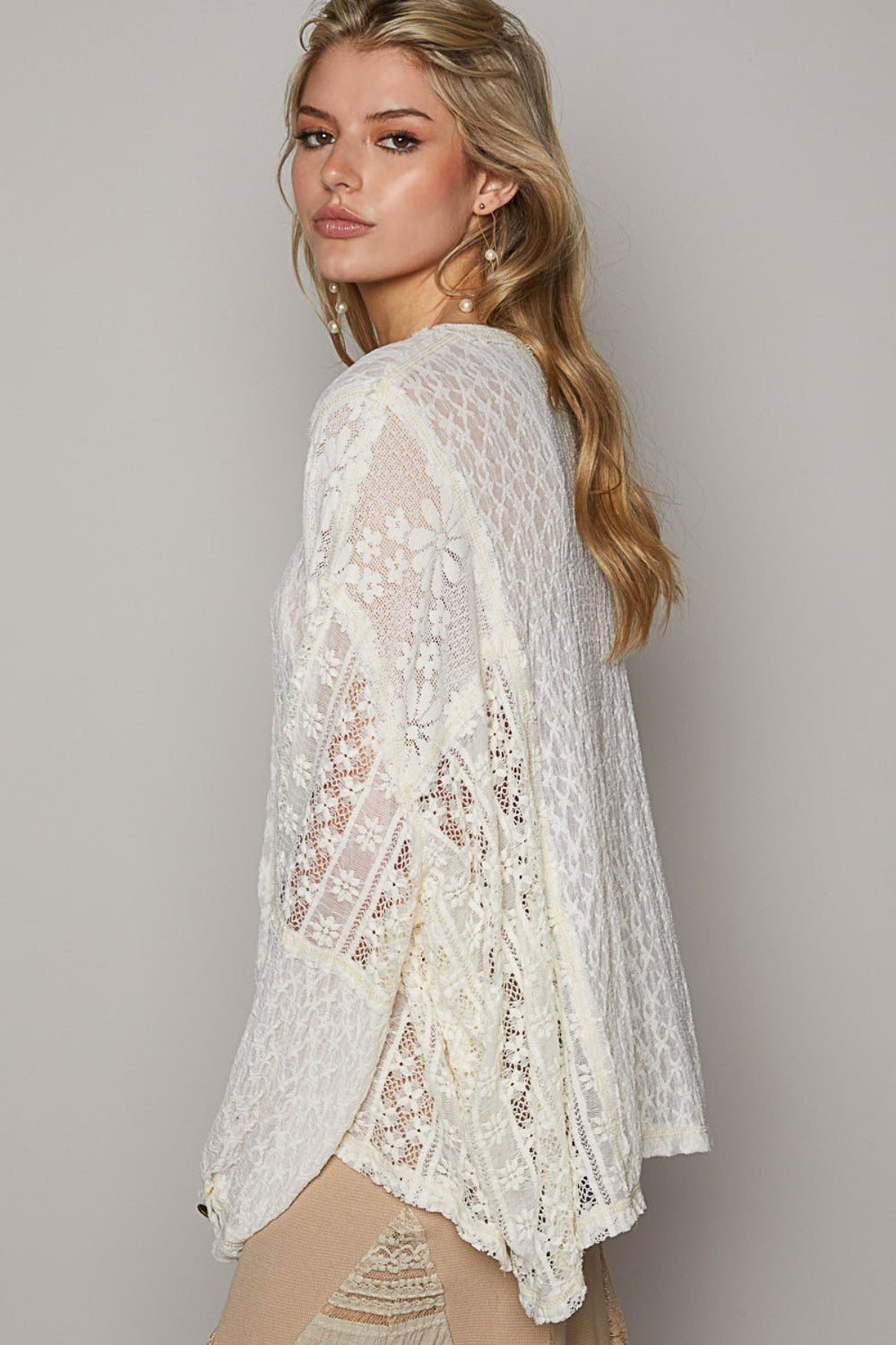 Zia - Round Neck Long Sleeve Raw Edge Lace Top - Cream - Exclusively Online