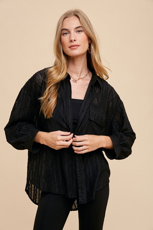 Features: High-Low, Pocketed, Openwork, Buttoned
Sheer: Semi-sheer
Stretch: No stretch
Material composition: 65% cotton, 35% polyester
Care instructions: Machine wash cold. Tumble dry low.

Product measurements:

S:Bust 34-36 in, Waist 26-28 in

M:Bust 37-38 in, Waist 29-31 in

L:Bust 39-40 in, Waist 32-33 in

XL:Bust 41-42 in, Waist 34-35 in